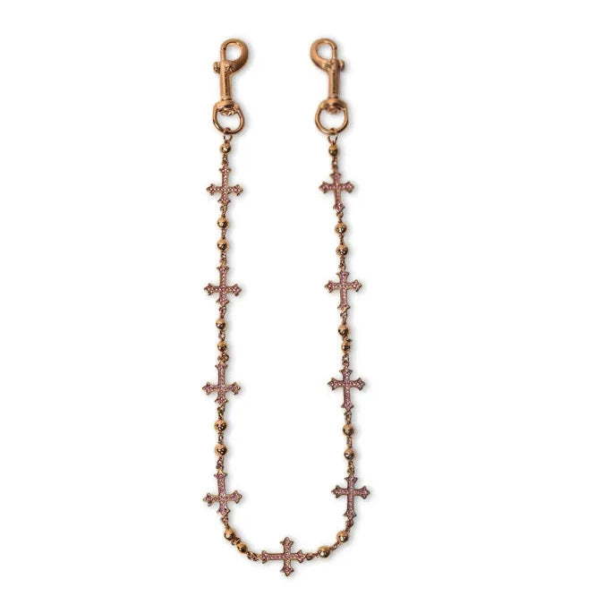 Rose Gold Crosses Wallet Chain - Pink Stones