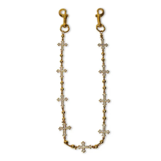 Gold Crosses Wallet Chain - White Stones